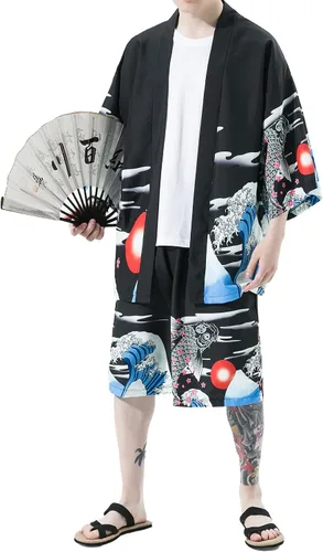 Vista 5 de PRIJOUHE Conjunto de kimono de estilo japonés para hombre, ligero, casual, con siete mangas, frente abierto, cárdigan y pantalones cortos