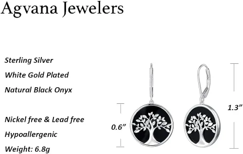 Vista 5 de AGVANA Regalos para el día de la madre, collar de árbol de la vida, aretes para mujer, plata de ley, ónix negro, circonita cúbica, joyería de árbol