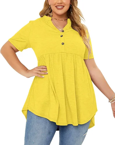 Vista 2 de PLOKNRD Blusas holgadas para mujer, de manga corta, cuello en V, con botones, holgadas, para mujer