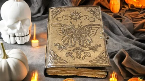 Vista 5 de Embossed Luna Moth Leather Grimoire Journal – Vintage Botanical Mushrooms & Sun Moon Design – Blank Spell Book of Shadows with Deckle Edge Paper
