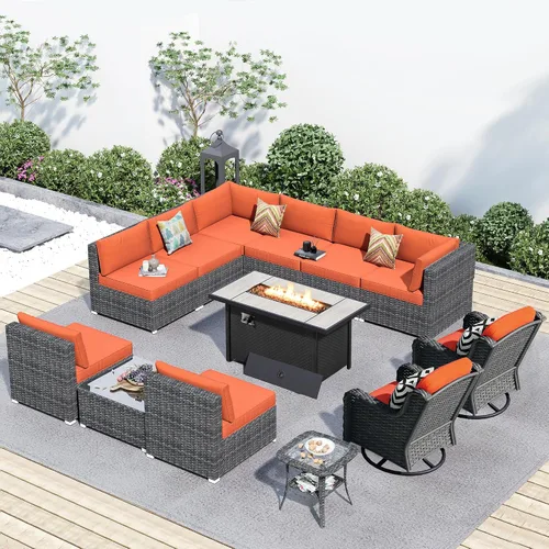 Vista 35 de HOOOWOOO Juego de sofá modular para patio al aire libre, 7 piezas en forma de U, juego de sofá de mimbre rústico para 6 personas, juego de Beige