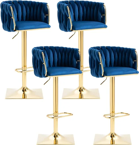 Vista 16 de Juego de 2 taburetes de bar giratorios de terciopelo, taburetes de bar ajustables y cómodos, silla de comedor moderna con respaldo tejido, taburetes