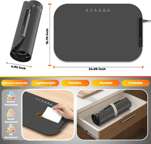 Vista 6 de Tapete de calentamiento para alimentos, bandeja plegable para calentar alimentos con control de temperatura ajustable, apagado automático