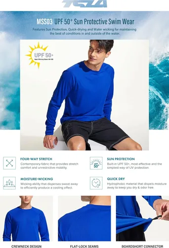 Vista 4 de TSLA - Camisetas de protección para hombre con protección FPU 50+, FPU UV, de ajuste holgado y manga larga, para natación, correr, entrenar fresco
