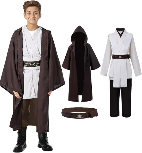 Vista 7 de Disfraz de Jedi para niños para cosplay de Anakin, túnica con capucha, versión negra, talla S Negro (juego completo)