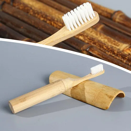 Vista 5 de Cepillo de dientes de viaje de bambú para cepillos de dientes, kit de soporte para cepillo de dientes plegable, portátil, cerdas suaves
