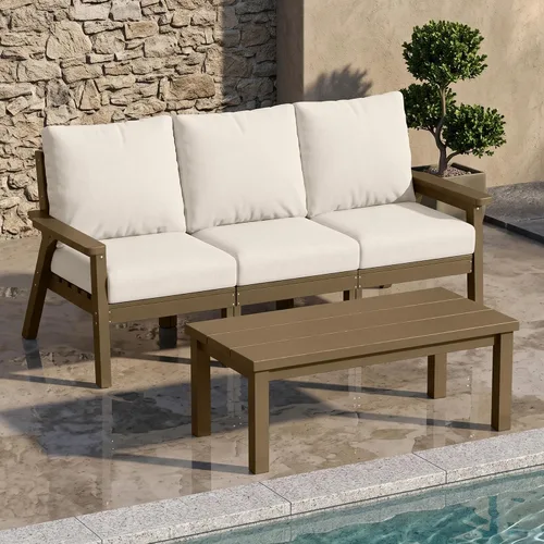Vista 63 de PLUUV Juego de muebles de patio al aire libre HDPE, 7 piezas, marco negro Marco negro/cojín gris