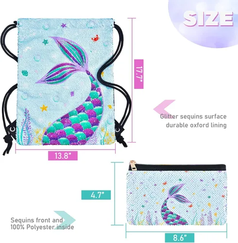 Vista 6 de WERNNSAI Paquete de cordón de sirena lentejuelas azules regalo de sirena para niñas mochila con cordón cosméticos para natación bolsa con cremallera