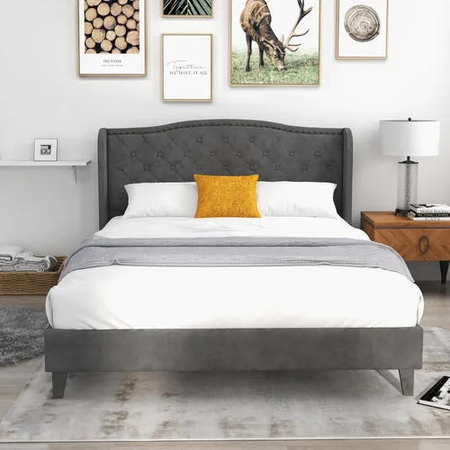 Vista 10 de GIANTEX - Base de cama individual para niños, cama tapizada de tela moderna con cabecera capitoné con botón de alas en la parte trasera, listones