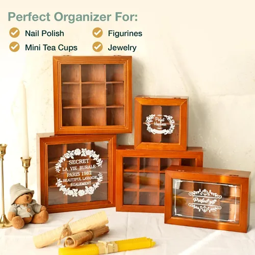 Vista 7 de Mini caja de almacenamiento de madera de 9 ranuras con estuche de acrílico transparente coleccionables, caja organizadora cuadrada de madera