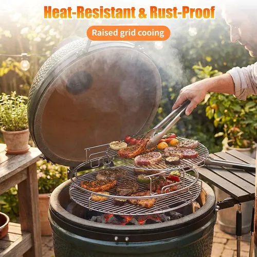 Vista 5 de Kit de repuesto mejorado de 5 piezas para Big Green Eggspander, incluye parrilla multifunción para parrilla, cesta de conveggtor, hecho de acero