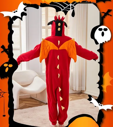 Vista 5 de Focupaja Pijama de dragón para adultos, disfraz de Halloween, ropa de dormir de una pieza