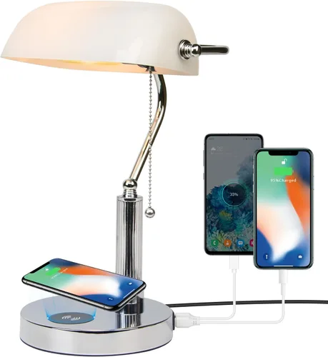 Vista 13 de FIRVRE Lámpara de Escritorio de Banco de Vidrio con Puerto de Carga Inalámbrica USB Lámpara de Escritorio LED Lámpara de Mesa con Cadena de Tirón