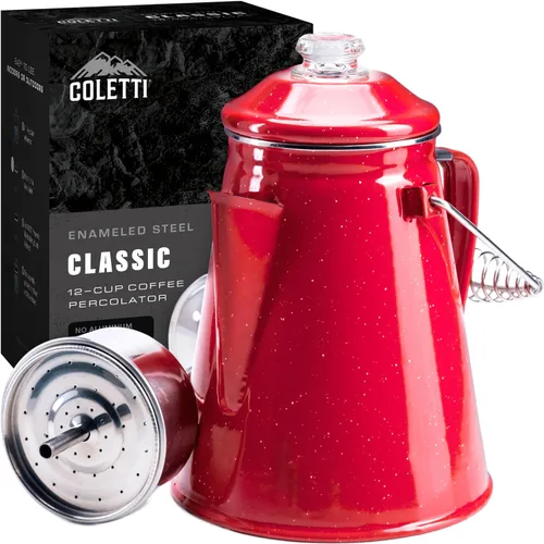 Vista 11 de COLETTI Cafetera Percolator clásica: la cafetera de camping más nostálgica, ahora modernizada [esmalte negro, 12 tazas]