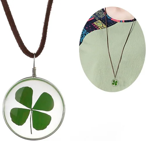 Vista 2 de LUOEM Collar con colgante ovalado de flores prensadas con hojas secas y trébol para mujeres y niñas, Cuero Resina, No es una piedra preciosa