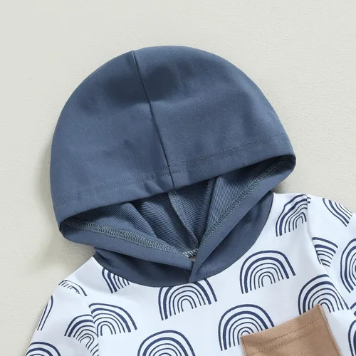 Vista 5 de Conjunto de ropa para bebé de otoño e invierno, sudadera con capucha y estampado de arco iris, sudadera con capucha y pantalones de manga larga
