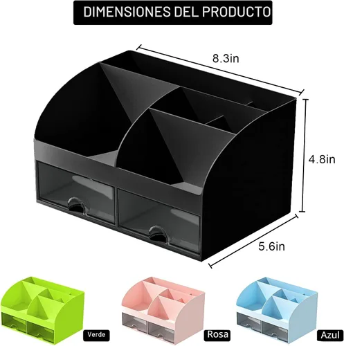 Vista 2 de Organizador de escritorio con 6 compartimentos y 2 cajones, organizador de maquillaje de plástico, soporte para bolígrafos para almacenamiento