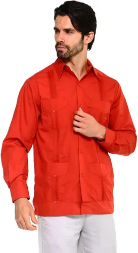 Vista 8 de Mojito Collection Camisa Guayabera clásica de mezcla de algodón con cuatro bolsillos para hombre