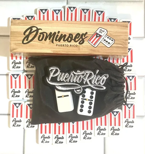 Vista 3 de Juego de dominó de Puerto Rico para adultos, grande, sin caja, juego de bolsa de dominó de viaje, con bandera puertorriqueña, doble y seis
