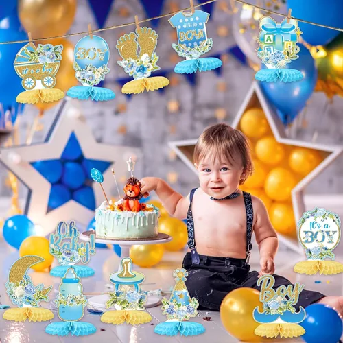 Vista 6 de Tarklanda 12 centros de mesa de nido de abeja para baby shower, decoración de fiesta para niños, diseño floral azul dorado con texto en inglés "It's