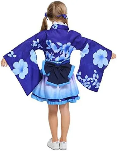 Vista 6 de Disfraz de anime para niños y niñas japonesas Lolita Kimono vintage original tradición Yukata vestido de Halloween azul L 51-55 pulgadas
