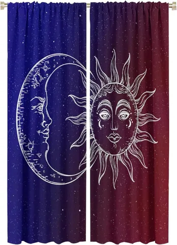 Vista 60 de Cortinas opacas con diseño de sol y luna, cuerpos celestes bohemios, con diseño de sol, luna y estrellas, para sala de estar, dormitorio, 42 x 45