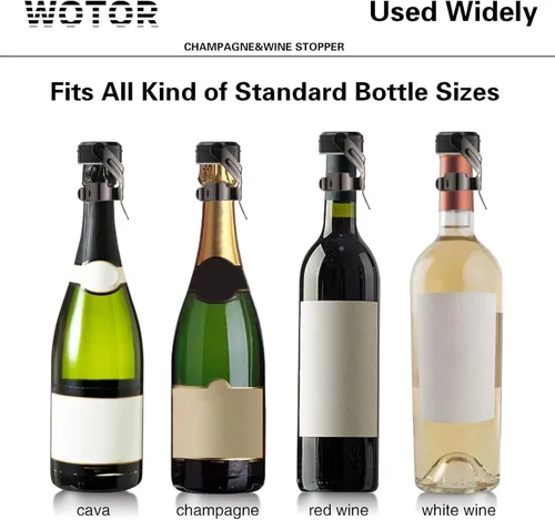 Vista 5 de WOTOR Tapones para botella de vino y champán de acero inoxidable con silicona de grado alimenticio, a prueba de fugas, se mantienen frescos