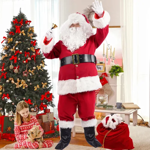 Vista 6 de Soulty Disfraz de Papá Noel para hombre, 11 piezas, de terciopelo rojo, traje de Papá Noel de Navidad para hombres adultos, conjunto de traje