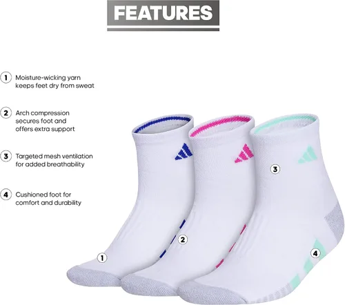 Vista 2 de adidas Calcetines de cuarto acolchados para mujer (3 pares) Ajuste sobre el tobillo con compresión del arco