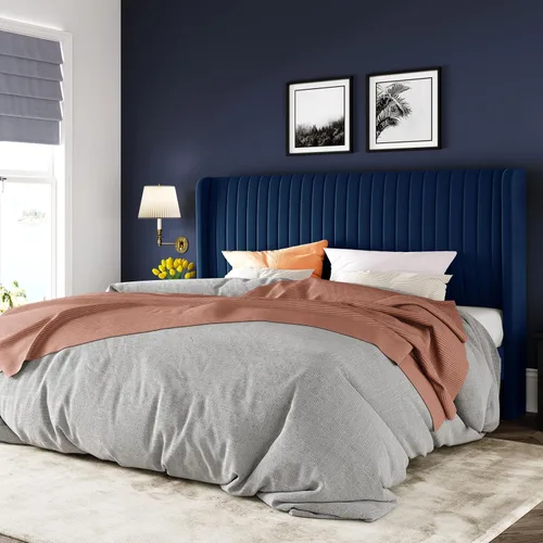 Vista 24 de Allewie - Base de cama tamaño Full con cabecera tapizada en terciopelo y diseño acanalado vertical; plataforma de cama tapizada; listones de madera