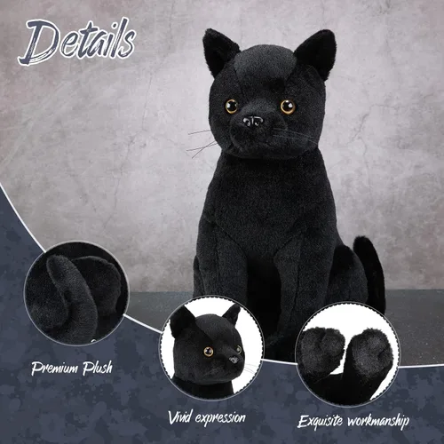Vista 3 de HyDren Peluche de gato negro de Halloween de 13 pulgadas, animal de peluche realista de gato suave y lindo, almohada de juguete, regalos para niños