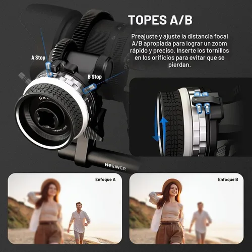 Vista 3 de NEEWER Mini enfoque de seguimiento con paradas A/B, anillo de engranaje de lente, varilla de 0.591 in y abrazadera de varilla para cámara de cine