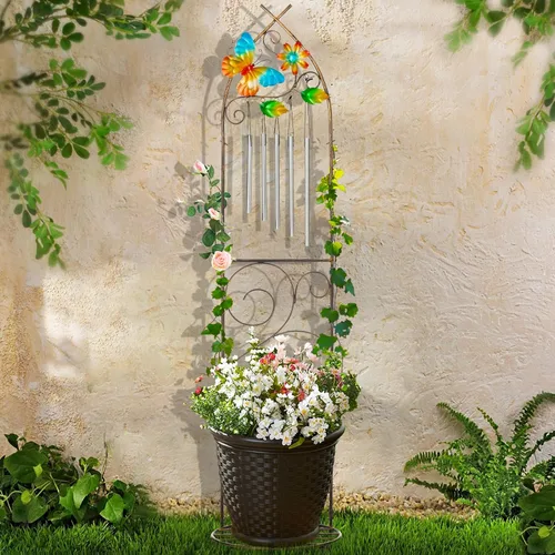 Vista 7 de Soportes de Plantas con Enrejado de Jardín, Enrejado de Maceta para Plantas de 122 cm con Campanas de Viento de Metal y Mariposa para Plantas