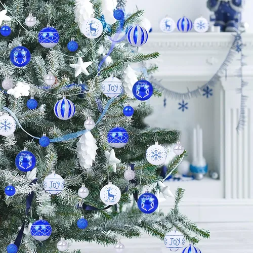 Vista 3 de 48 adornos de bolas de Navidad azul real y plateado para decoración de árbol de Navidad/Hanukkah judío – 10 estilos de adornos de bolas de Navidad