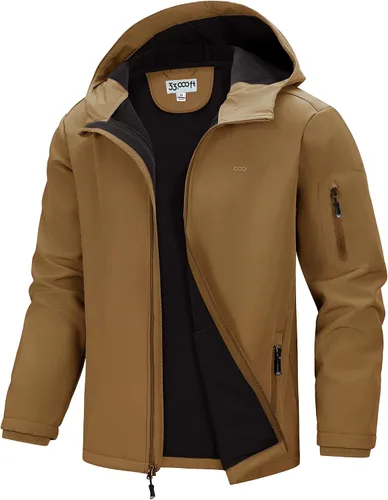 Vista 19 de 33,000ft Chaqueta de softshell con capucha para hombre, impermeable, ligera, aislada, cortavientos, forro de forro polar, chaqueta de lluvia Verde