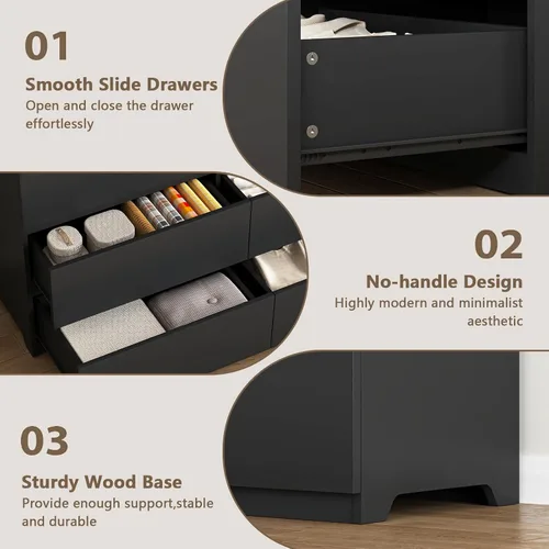 Vista 5 de Cómoda negra de 6 cajones para dormitorio, cómoda de cajones profundos moderna con diseño sin tirador, cómoda de almacenamiento con cajones, mueble