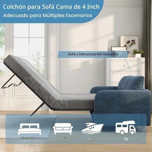 Vista 7 de Colchón de 4 pulgadas para sofá cama, colchón de espuma viscoelástica de gel de tamaño matrimonial para sofá, sofá extraíble, cama de invitados gris