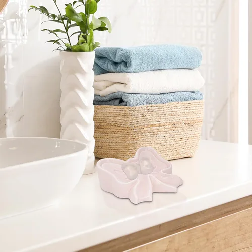 Vista 6 de Jabonera con lazo, caja de jabón de cerámica en forma de lazo, jabones de cerámica para baño, fregaderos, cocina (rosa)