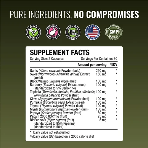 Vista 4 de Approved Science Parastrin - 60 Cápsulas - Nuez negra, bulbo de ajo, papaína 2000, BioPerine - Vegano