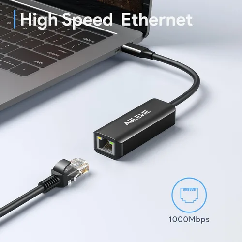 Vista 2 de Adaptador USB C a Ethernet, ABLEWE Type-C a RJ45 Gigabit Ethernet, adaptador de red LAN Thunderbolt 3 a RJ45 compatible con MacBook Pro/Air, iPhone
