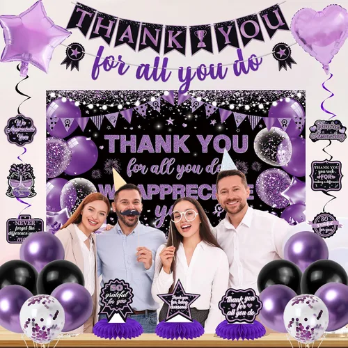 Vista 7 de Vlipoeasn Decoraciones de Pancarta We Appreciate You, Pancarta de Fondo Negro Morado Thank You for All You Do Panal de Abeja, Decoración de Oficina