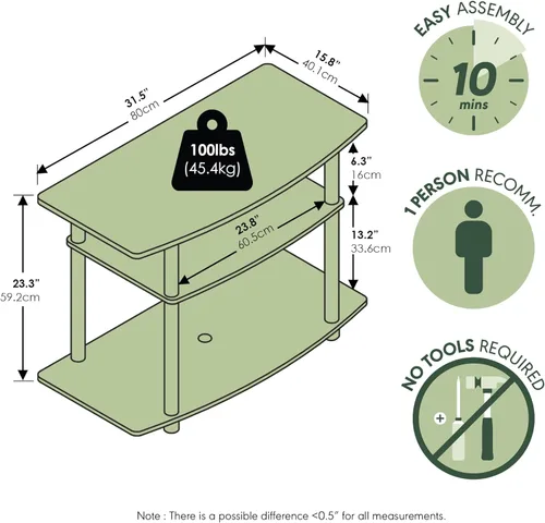 Vista 3 de Furinno Turn-N-Tube - Soporte para televisor de 3 niveles, centro de entretenimiento sin herramientas, consola de TV para televisores de hasta 32