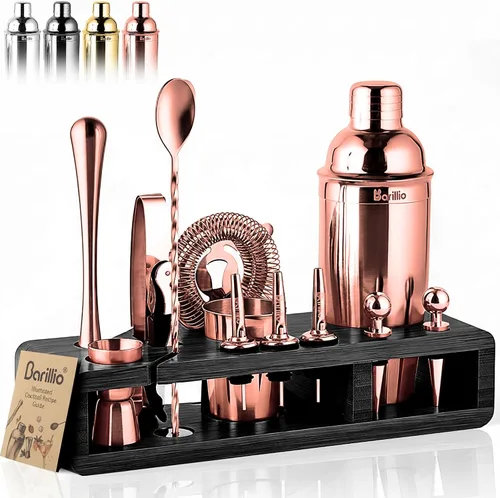 Vista 13 de Barillio Black Bartender Kit – Juego de coctelera de acero inoxidable con soporte de bambú – Herramientas de barra de mixología con coctelera