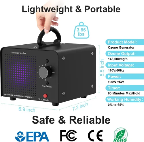 Vista 4 de PROGRACE Generador de ozono 148,000 mg/h - Máquina comercial de ozono - Purificador de aire de iones negativos, desodorante ionizador de O3 de alta