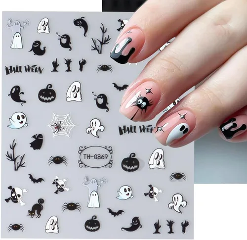 Vista 6 de Calcomanías para Uñas de Halloween, 6 Hojas de Calcomanías para Uñas de Fantasma Negro 3D Autoadhesivas Pequeñas de Horror Calabaza Brujas