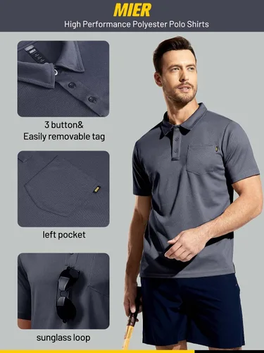 Vista 2 de MIER Men's Polo Shirts Polyester Casual Tennis Collared Short Sleeve with Pocket Sun Protection