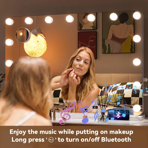 Vista 3 de Hasipu Espejo de maquillaje LED con altavoz Bluetooth, espejo de maquillaje de 31 x 22 pulgadas con luces y aumento, espejo Hollywood con 3 modos