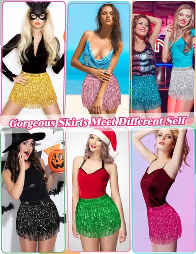 Vista 3 de Falda de lentejuelas, falda brillante, falda de danza del vientre, falda con brillantina, falda brillante de lentejuelas, falda de borla con flecos