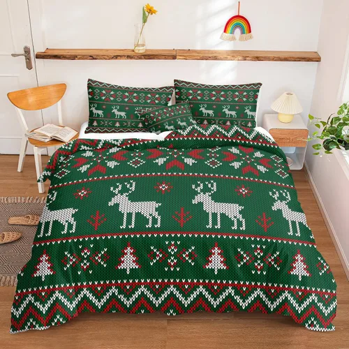 Vista 43 de Juego de ropa de cama de Navidad con funda de edredón de copos de nieve, color blanco y rojo, con estampado navideño, juego de ropa de cama festiva