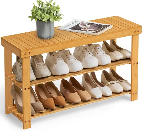Vista 10 de SONGMICS Banco Estante para Zapatos, Organizador de Almacenamiento de Zapatos de Bambú de 3 Niveles, Banco de Entrada, Soporta Hasta 286 lb, 11.3 x